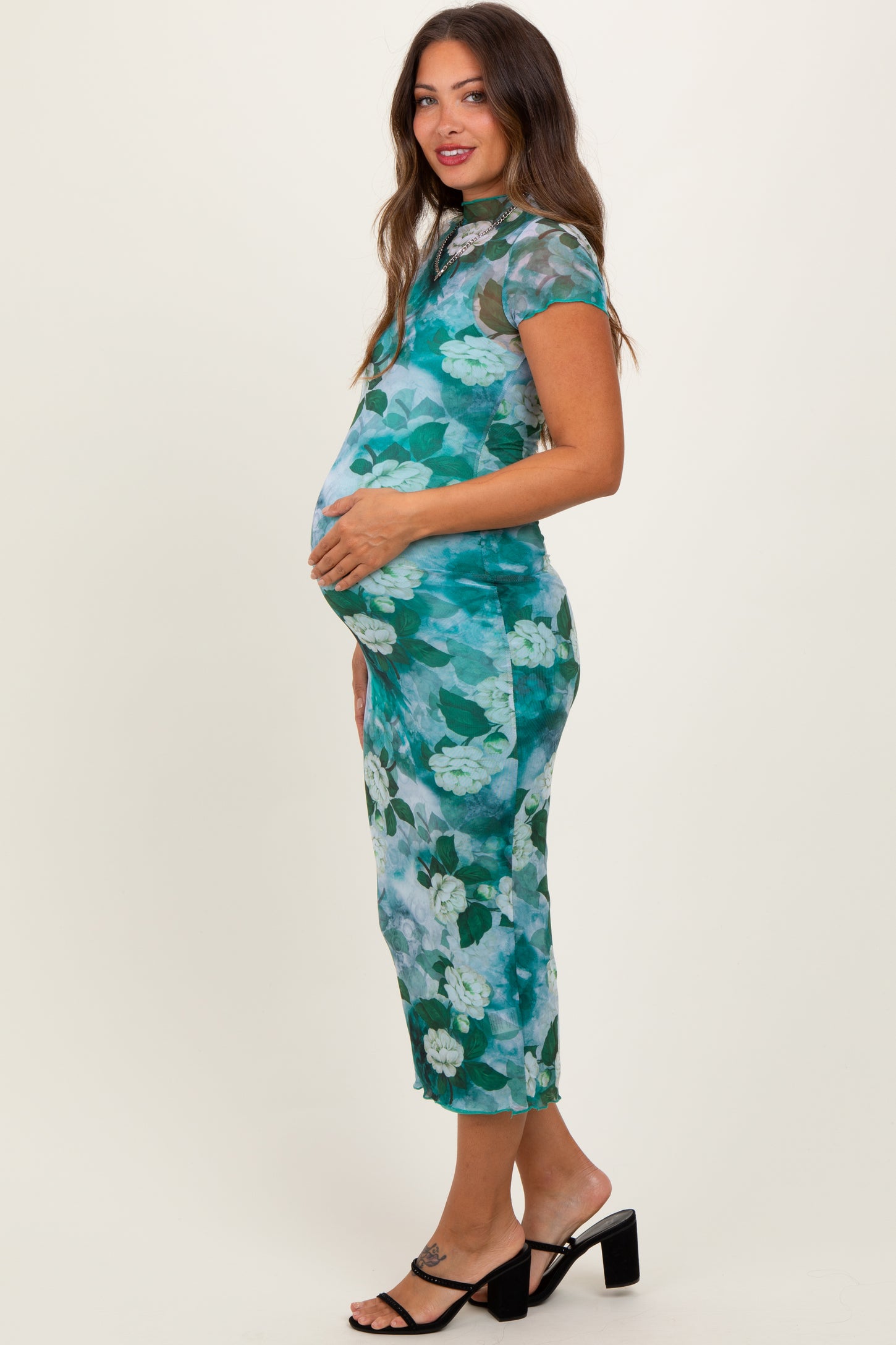 Green Floral Mesh Overlay Fitted Maternity Maxi Dress