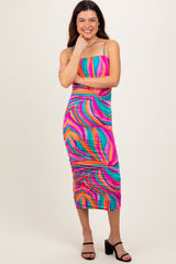 Multicolor Abstract Print Ruched Fitted Midi Dress