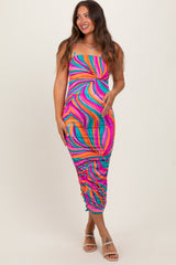 Multicolor Abstract Print Ruched Fitted Maternity Midi Dress