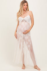 Cream Sheer Floral Lace Maternity Photoshoot Dress