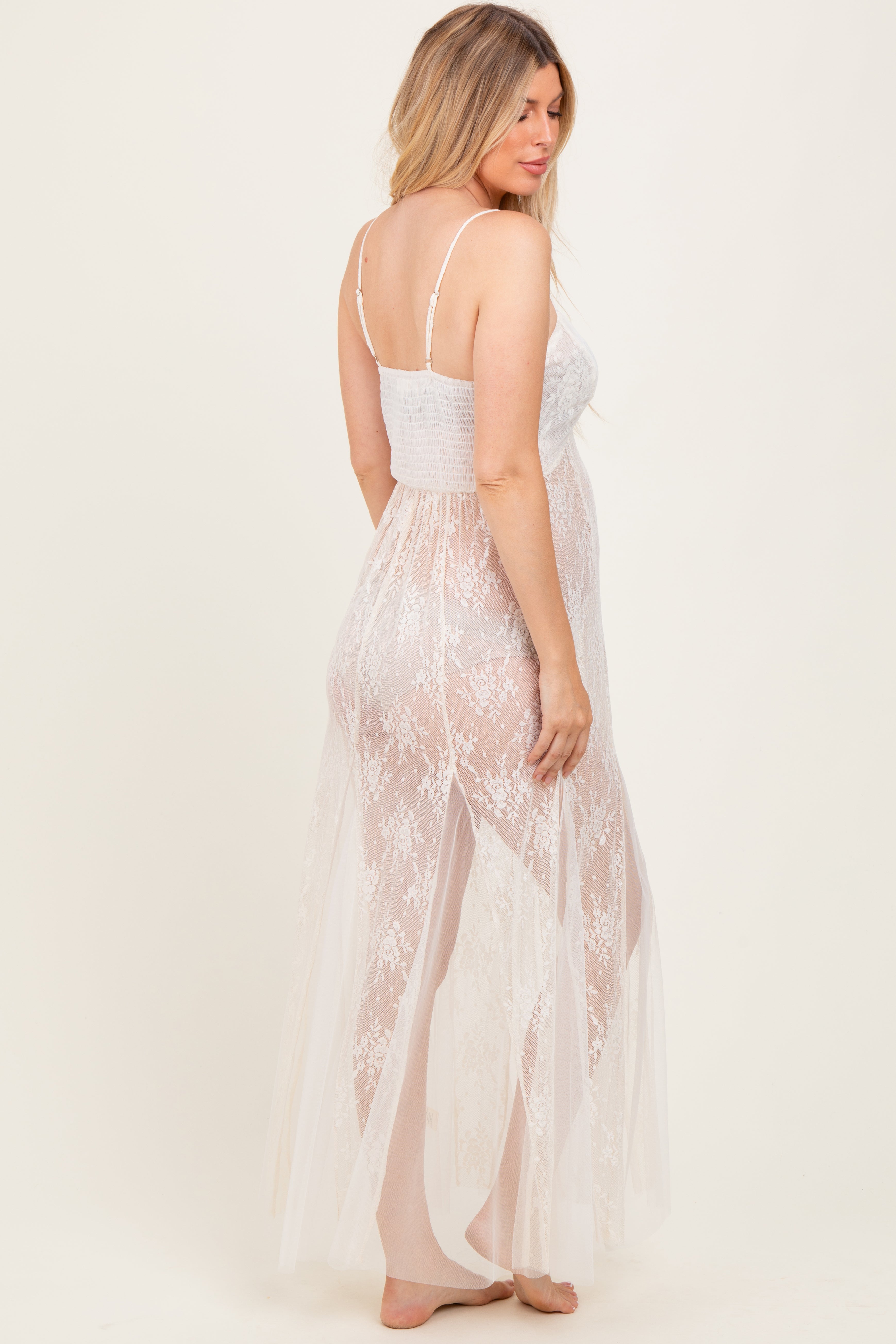Cream Sheer Floral Lace Maternity Photoshoot Dress – PinkBlush