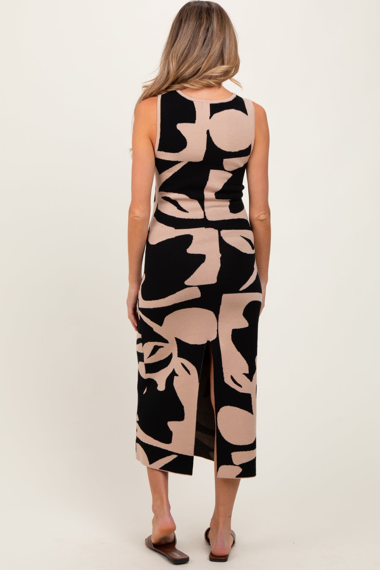 Black Abstract Print Knit Sleeveless Maternity Midi Dress