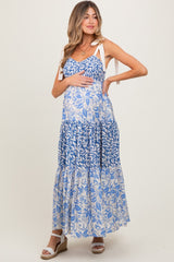 Blue Leaf Print Smocked Shoulder Tie Tiered Maternity Maxi Dress
