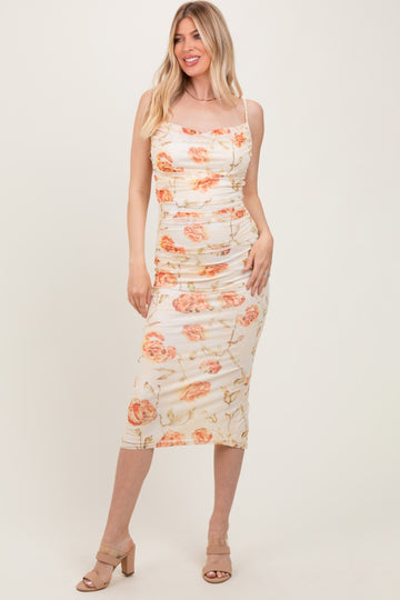 Cream Floral Ruched Low Tie Back Midi Dress