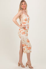 Cream Floral Ruched Low Tie Back Midi Dress