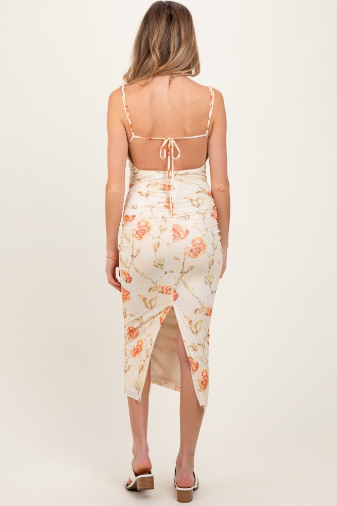 Cream Floral Ruched Low Tie Back Maternity Midi Dress