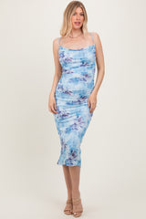 Light Blue Floral Ruched Low Tie Back Maternity Midi Dress