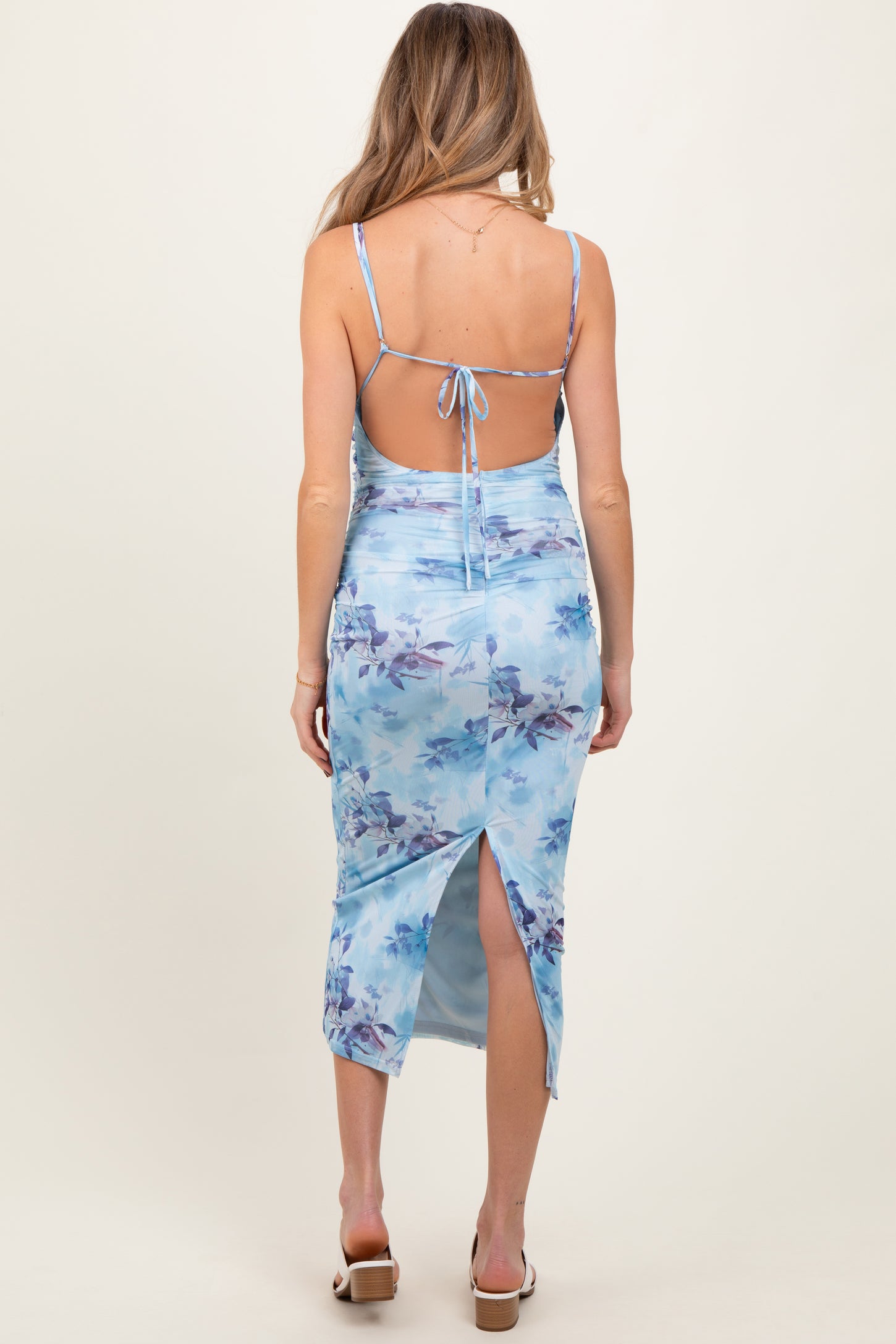 Light Blue Floral Ruched Low Tie Back Maternity Midi Dress