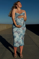 Light Blue Floral Ruched Low Tie Back Maternity Midi Dress