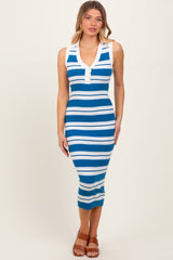Blue Striped Knit Sleeveless Polo Maternity Midi Dress