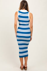 Blue Striped Knit Sleeveless Polo Midi Dress