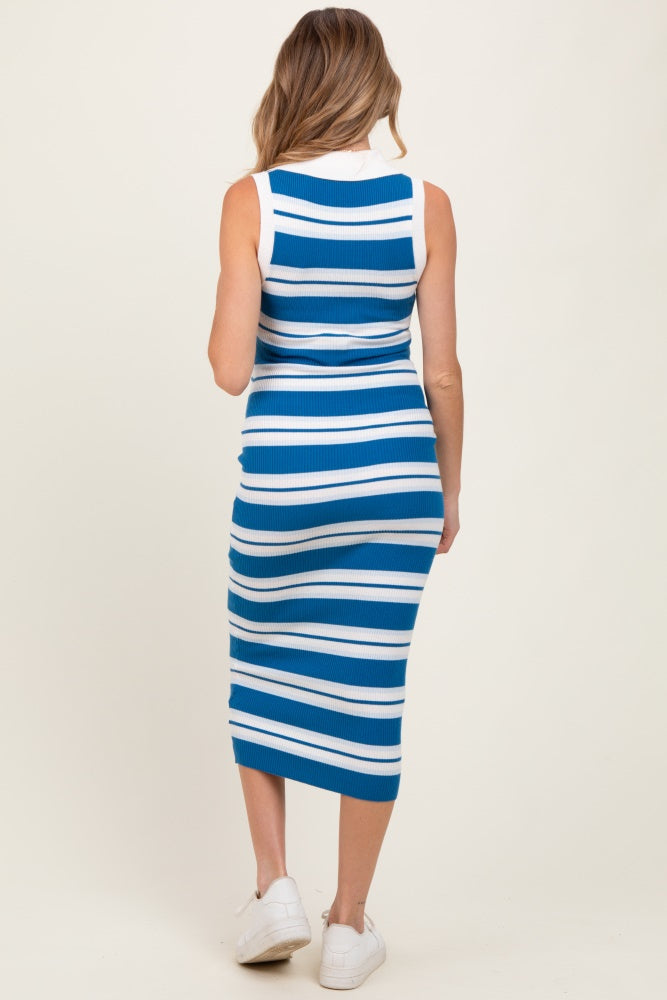 Blue Striped Knit Sleeveless Polo Maternity Midi Dress