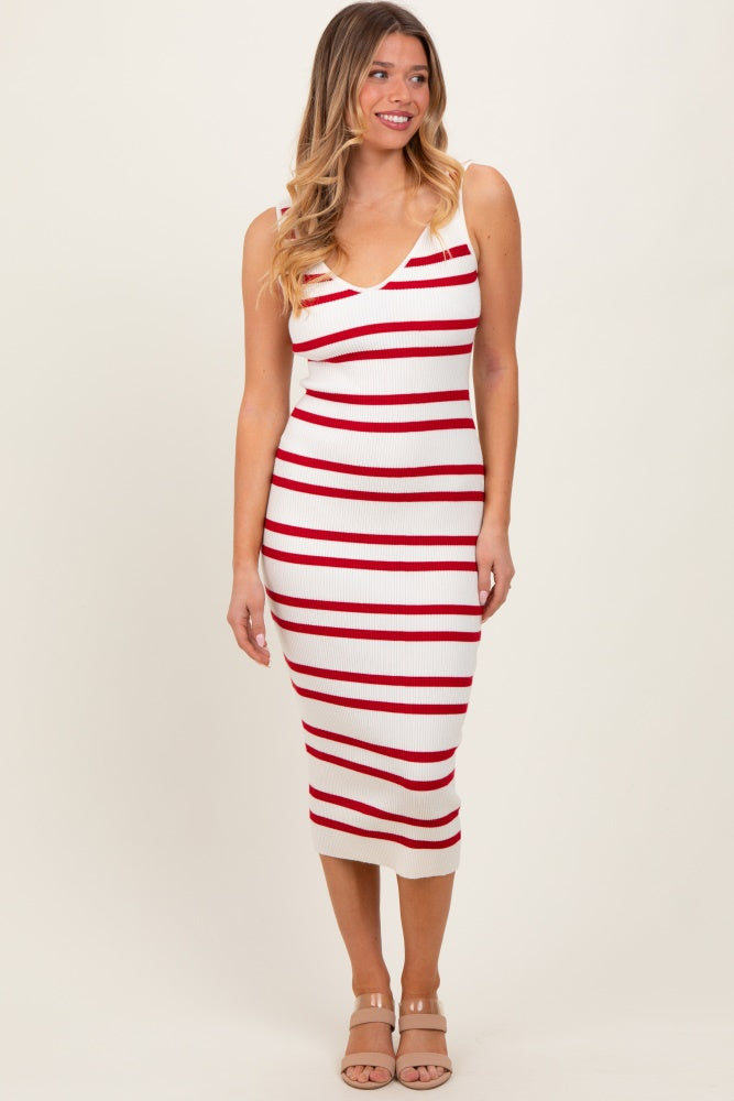 Red Striped Ribbed Knit Sleeveless Midi Dress