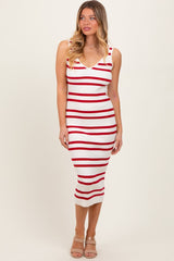 Red Striped Ribbed Knit Sleeveless Maternity Midi Dress