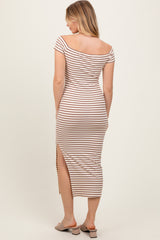 Mocha Striped Ribbed Off Shoulder Midi Dress