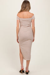 Mocha Striped Ribbed Off Shoulder Maternity Midi Dress