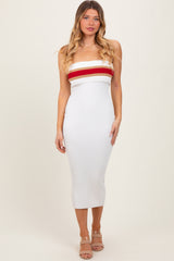 Ivory Ribbed Knit Striped Strapless Fitted Maternity Midi Dress