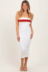 Ivory Ribbed Knit Striped Strapless Fitted Midi Dress