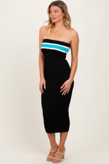 Black Ribbed Knit Striped Strapless Fitted Midi Dress