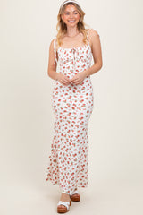 Red Ribbed Floral Shoulder Tie Maternity Maxi Dress