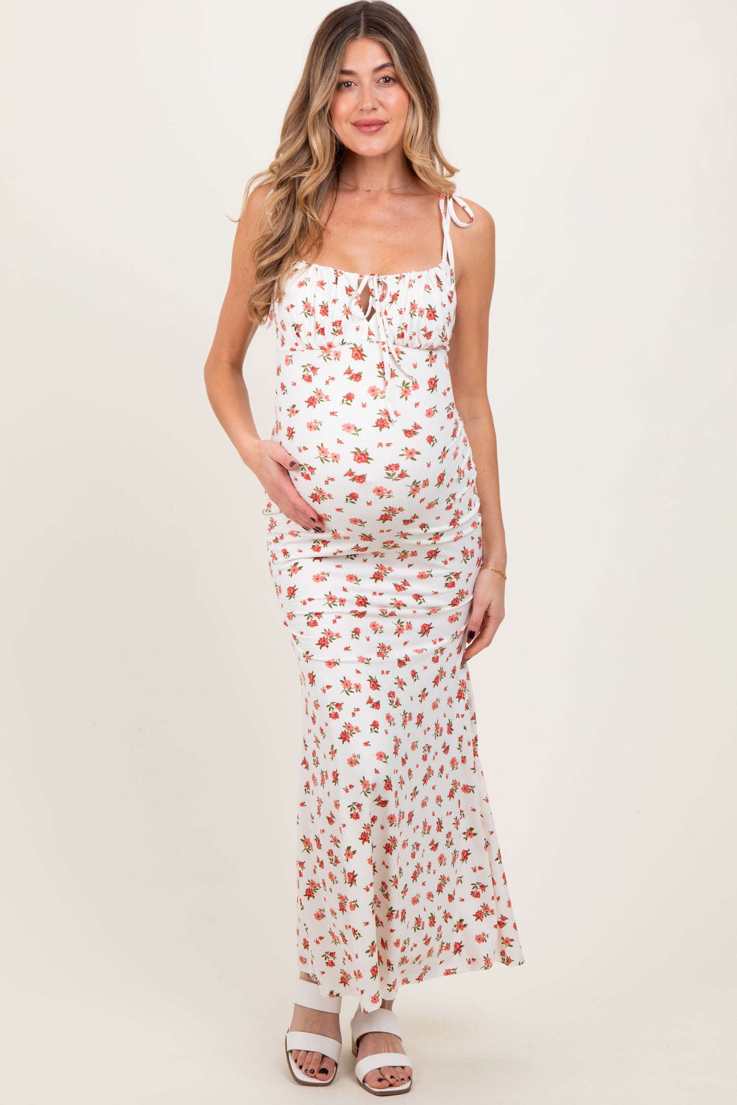 Red Ribbed Floral Shoulder Tie Maternity Maxi Dress PinkBlush Red Ribbed Floral Shoulder Tie Maternity Maxi Dress PinkBlush