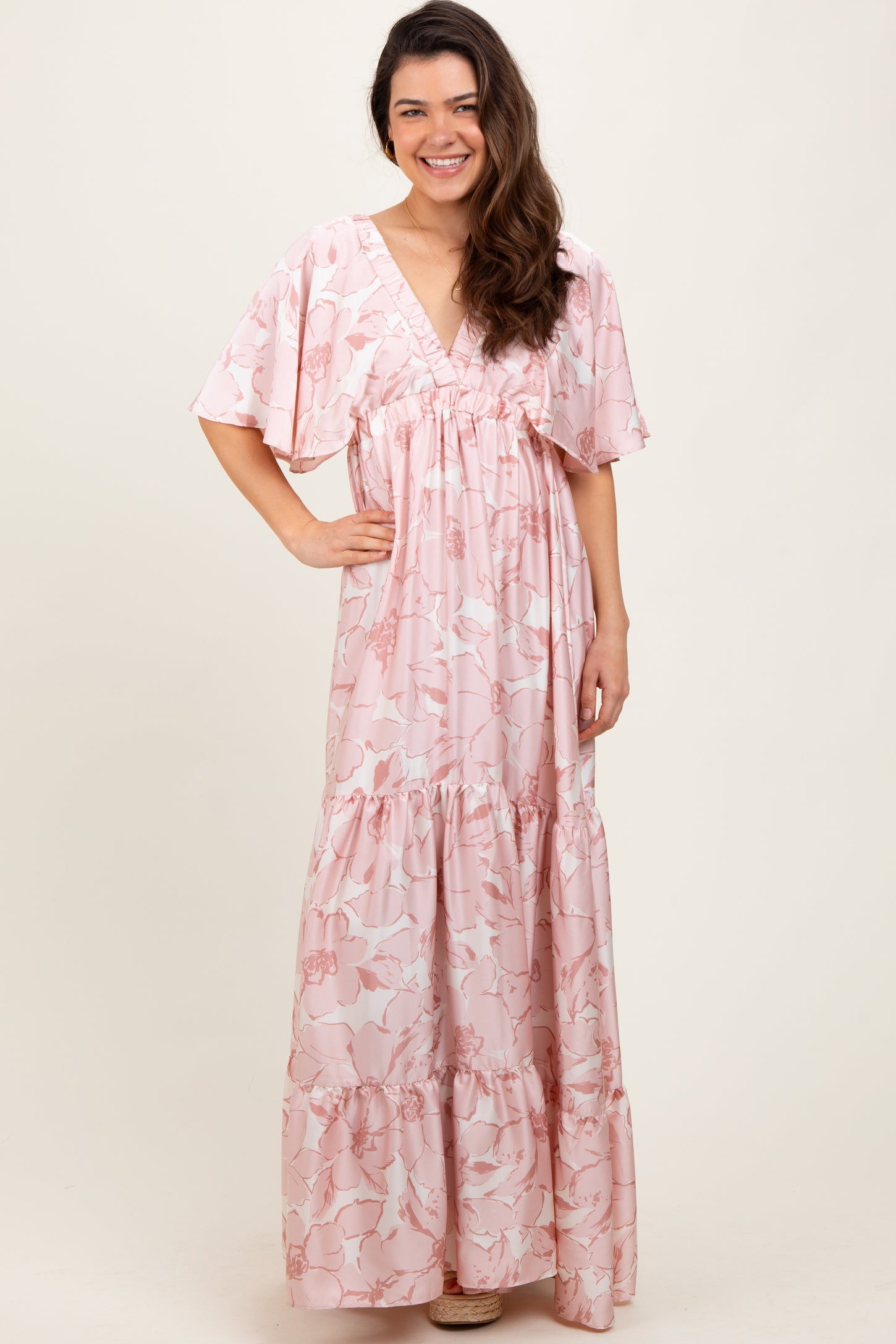 Pink Floral Short Sleeve Deep V-Neck Tiered Maternity Maxi Dress – PinkBlush