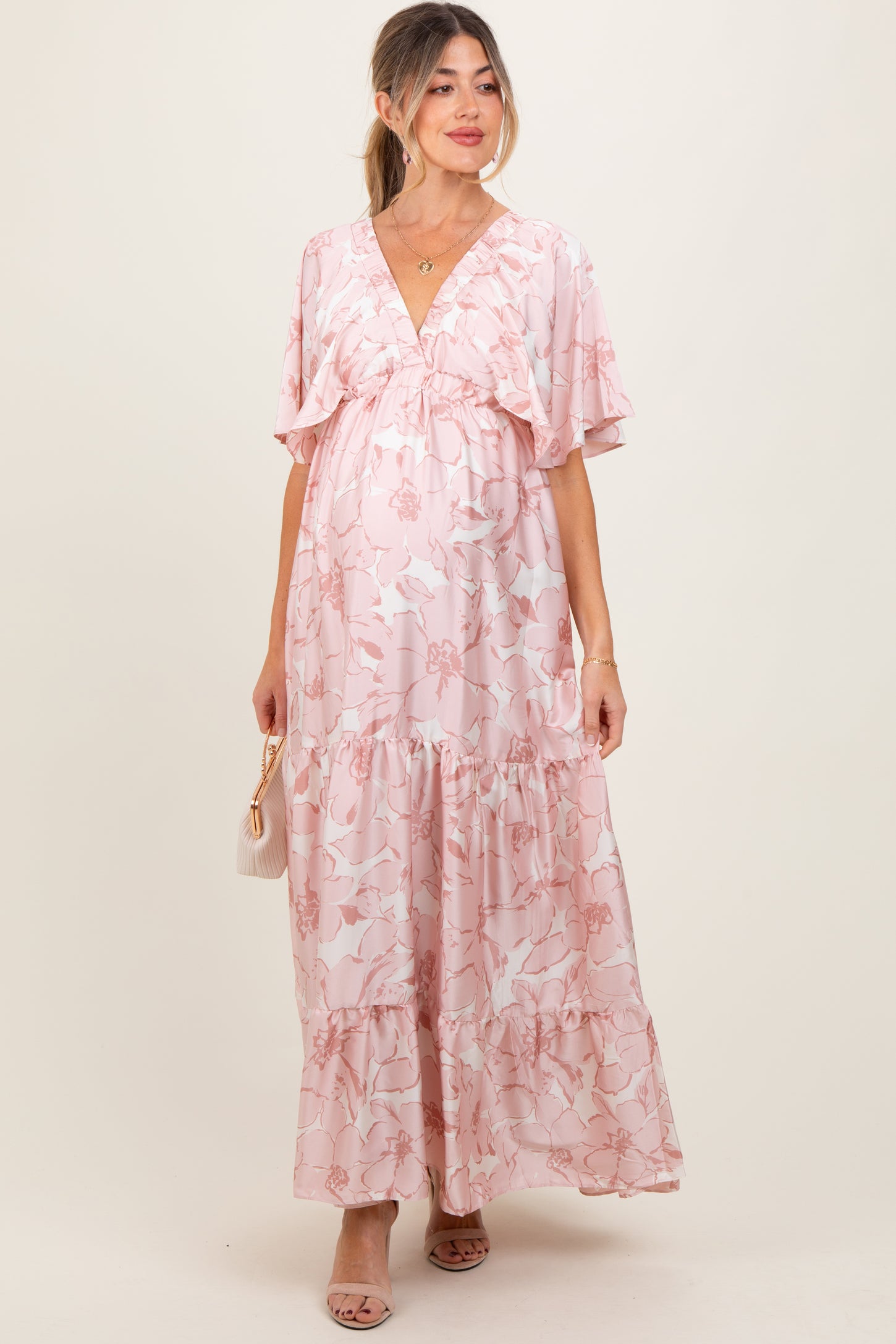Pink Floral Short Sleeve Deep V-Neck Tiered Maternity Maxi Dress PinkBlush Pink Floral Short Sleeve Deep V-Neck Tiered Maternity Maxi Dress PinkBlush