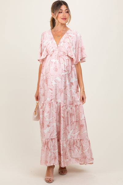 Pink Floral Short Sleeve Deep V-Neck Tiered Maternity Maxi Dress – PinkBlush