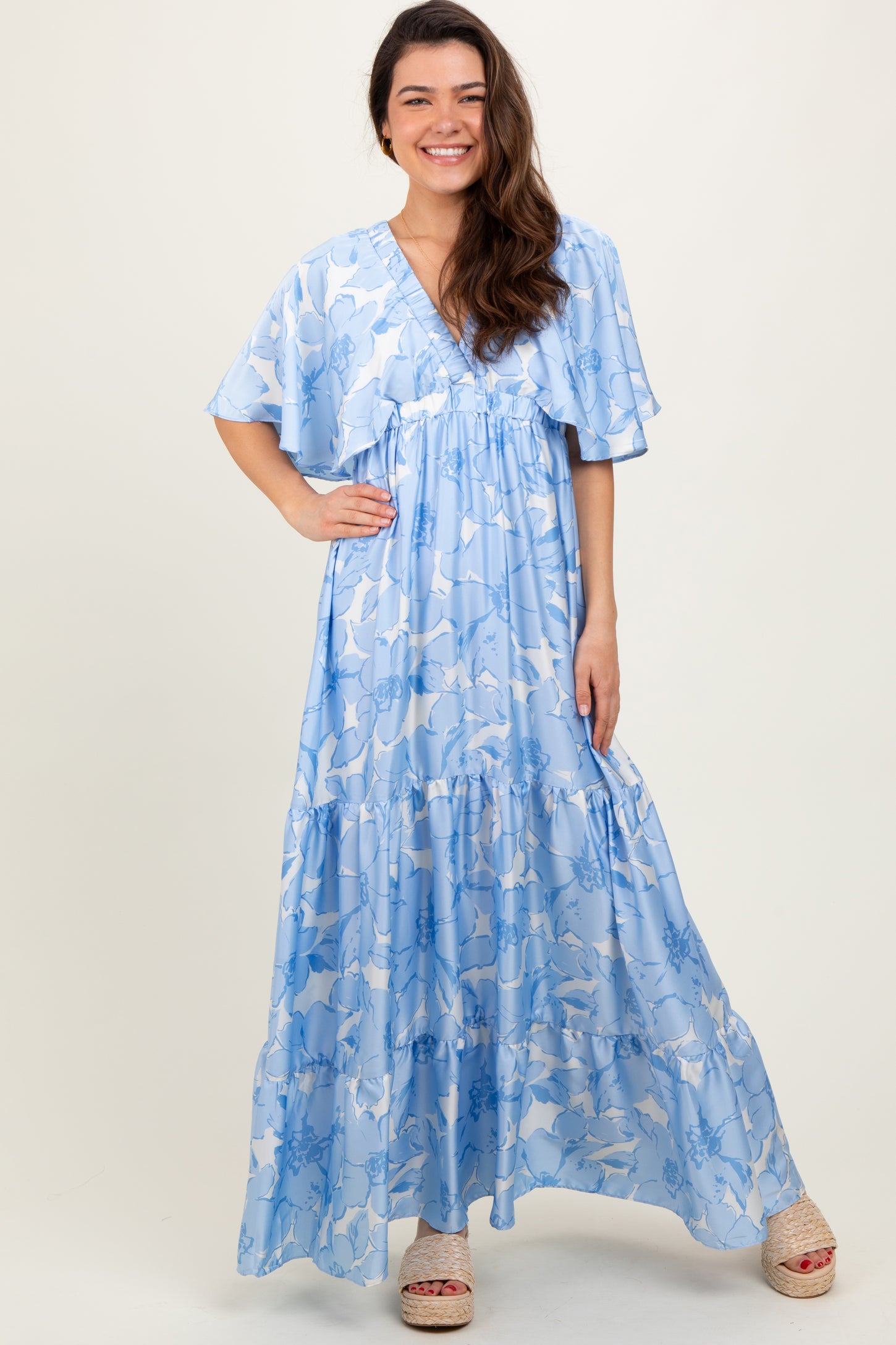 Light Blue Floral Short Sleeve Deep V-Neck Tiered Maternity Maxi Dress PinkBlush Light Blue Floral Short Sleeve Deep V-Neck Tiered Maternity Maxi Dress PinkBlush