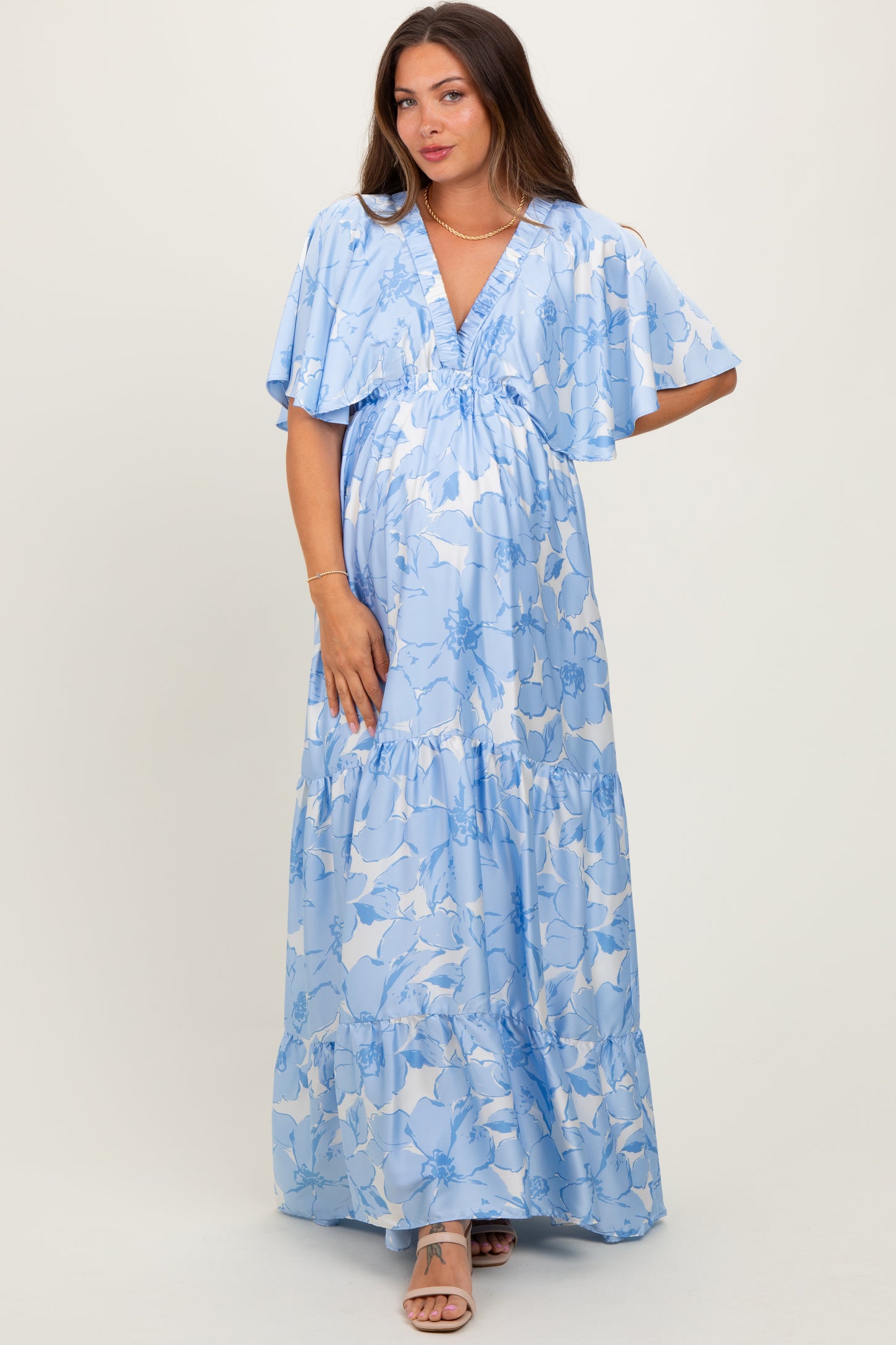Light Blue Floral Short Sleeve Deep V-Neck Tiered Maternity Maxi Dress PinkBlush Light Blue Floral Short Sleeve Deep V-Neck Tiered Maternity Maxi Dress PinkBlush
