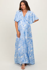 Light Blue Floral Short Sleeve Deep V-Neck Tiered Maternity Maxi Dress