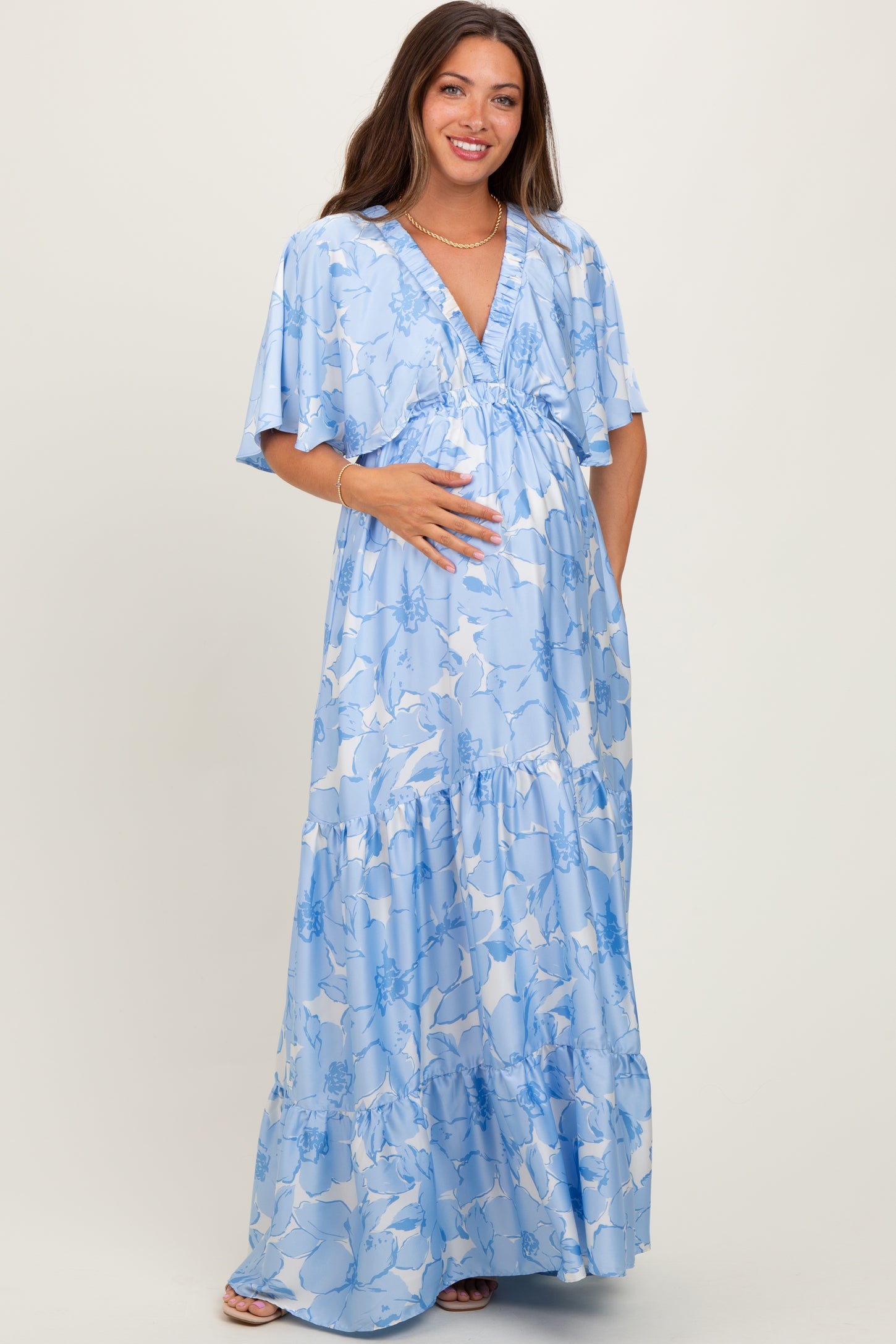 Light Blue Floral Short Sleep Deep V-Neck Tiered Maxi Dress