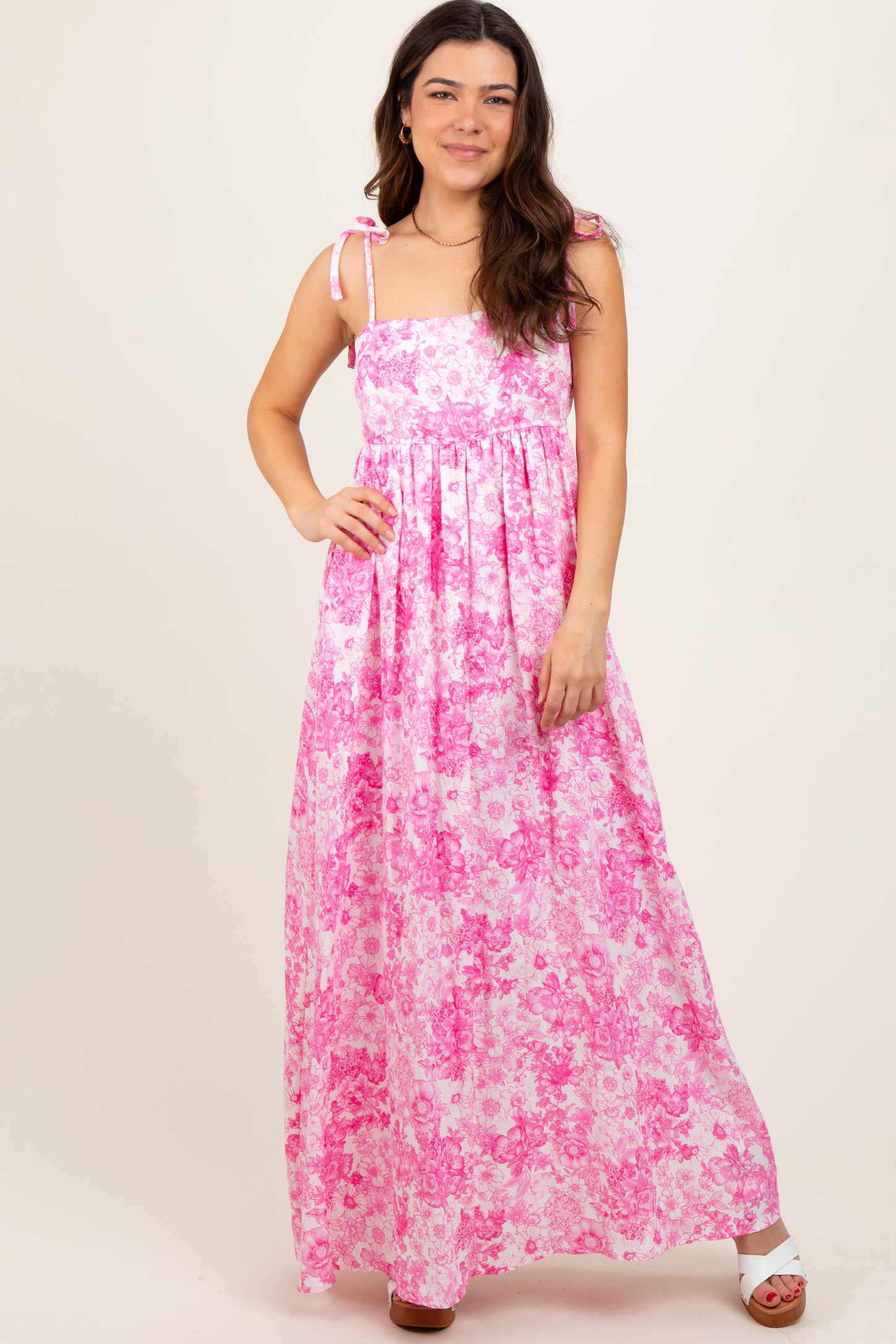 Pink Leaf Print Sleeveless Open Back Smocked Maternity Maxi Dress