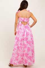 Pink Leaf Print Sleeveless Open Back Smocked Maxi Dress
