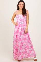 Pink Leaf Print Sleeveless Open Back Smocked Maxi Dress