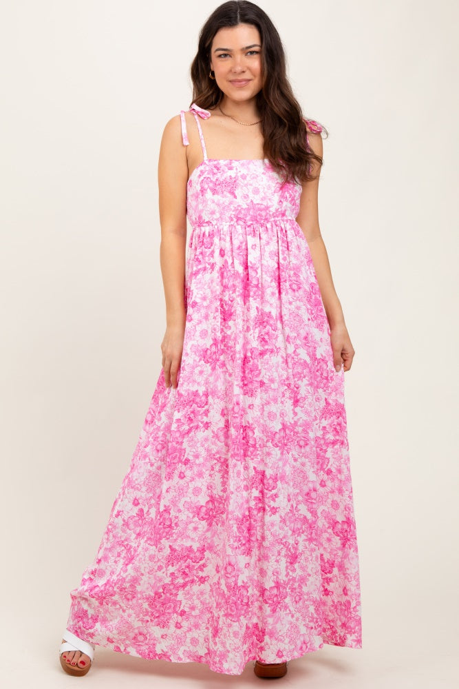 Pink Leaf Print Sleeveless Open Back Smocked Maxi Dress