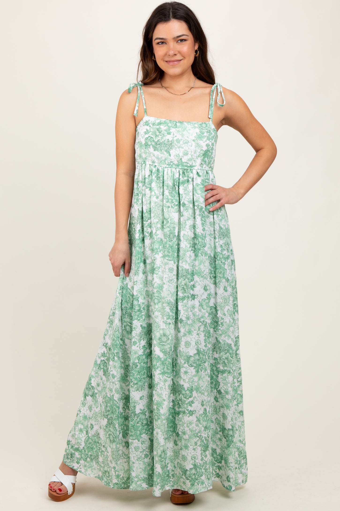 Sage Leaf Print Sleeveless Open Back Smocked Maxi Dress
