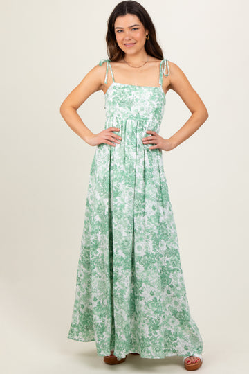 Sage Leaf Print Sleeveless Open Back Smocked Maxi Dress