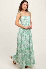 Sage Leaf Print Sleeveless Open Back Smocked Maxi Dress