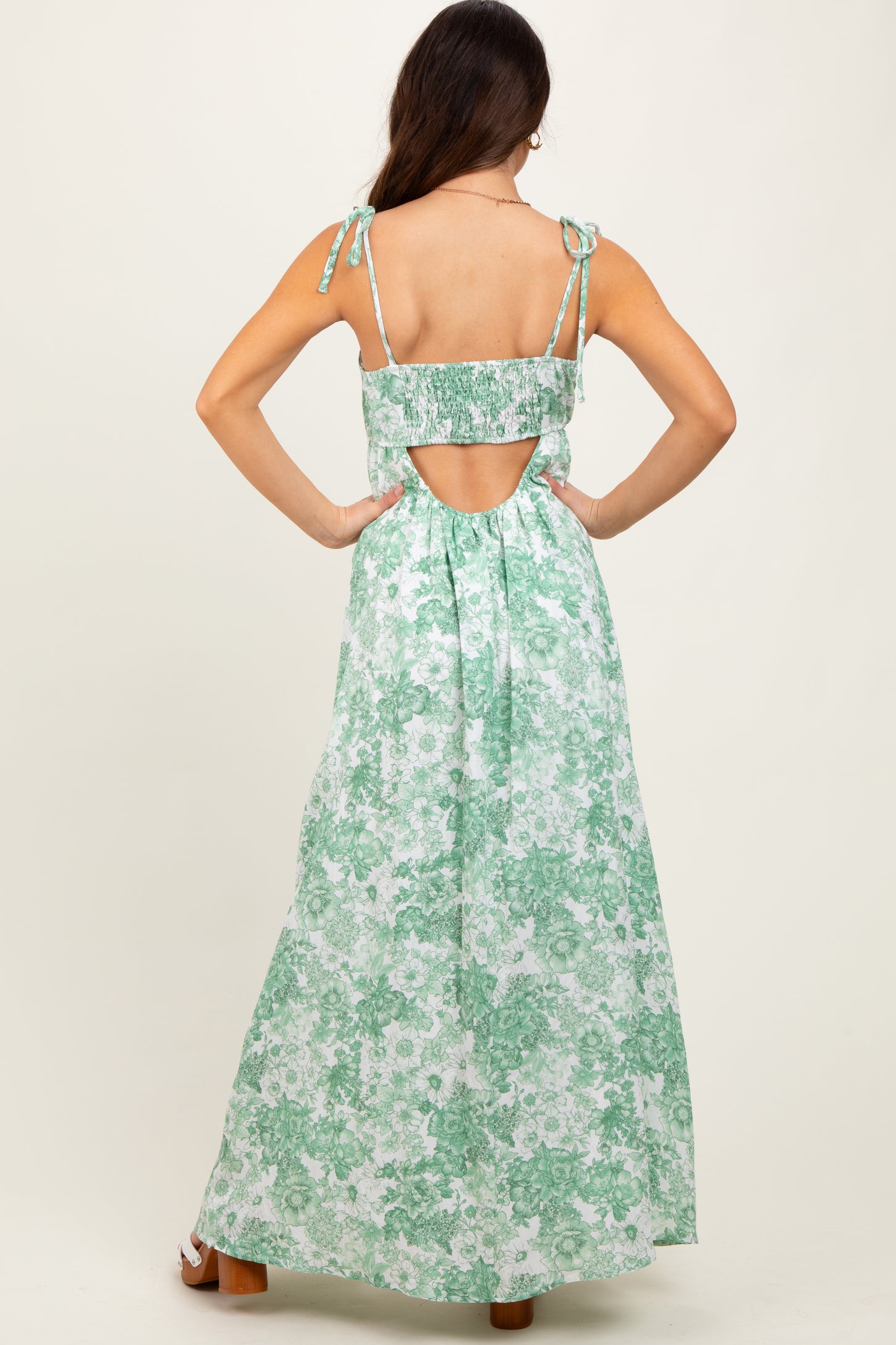 Sage Leaf Print Sleeveless Open Back Smocked Maxi Dress