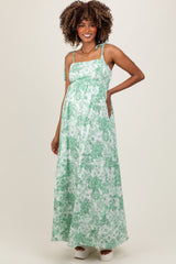 Sage Leaf Print Sleeveless Open Back Smocked Maternity Maxi Dress