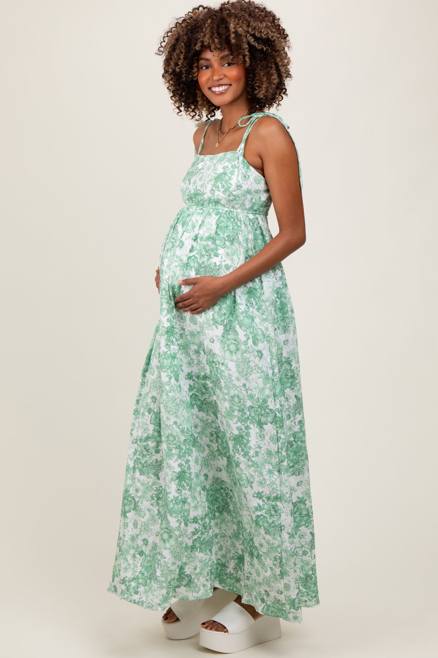 Sage Leaf Print Sleeveless Open Back Smocked Maternity Maxi Dress