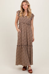Mocha Leopard Print Ruffle Sleeve Tiered Maxi Dress
