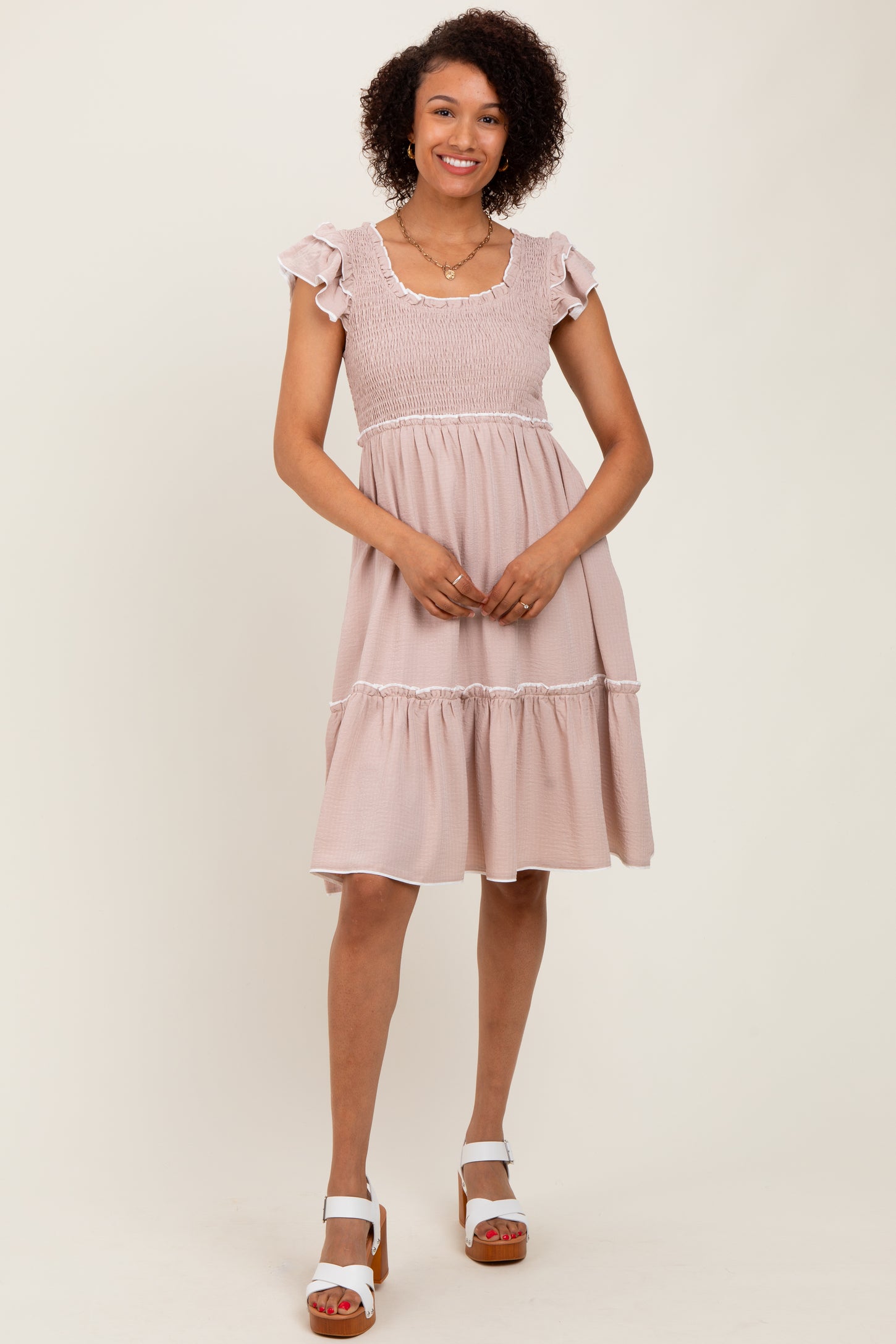 Taupe Solid Ruffle Trim Smocked Dress