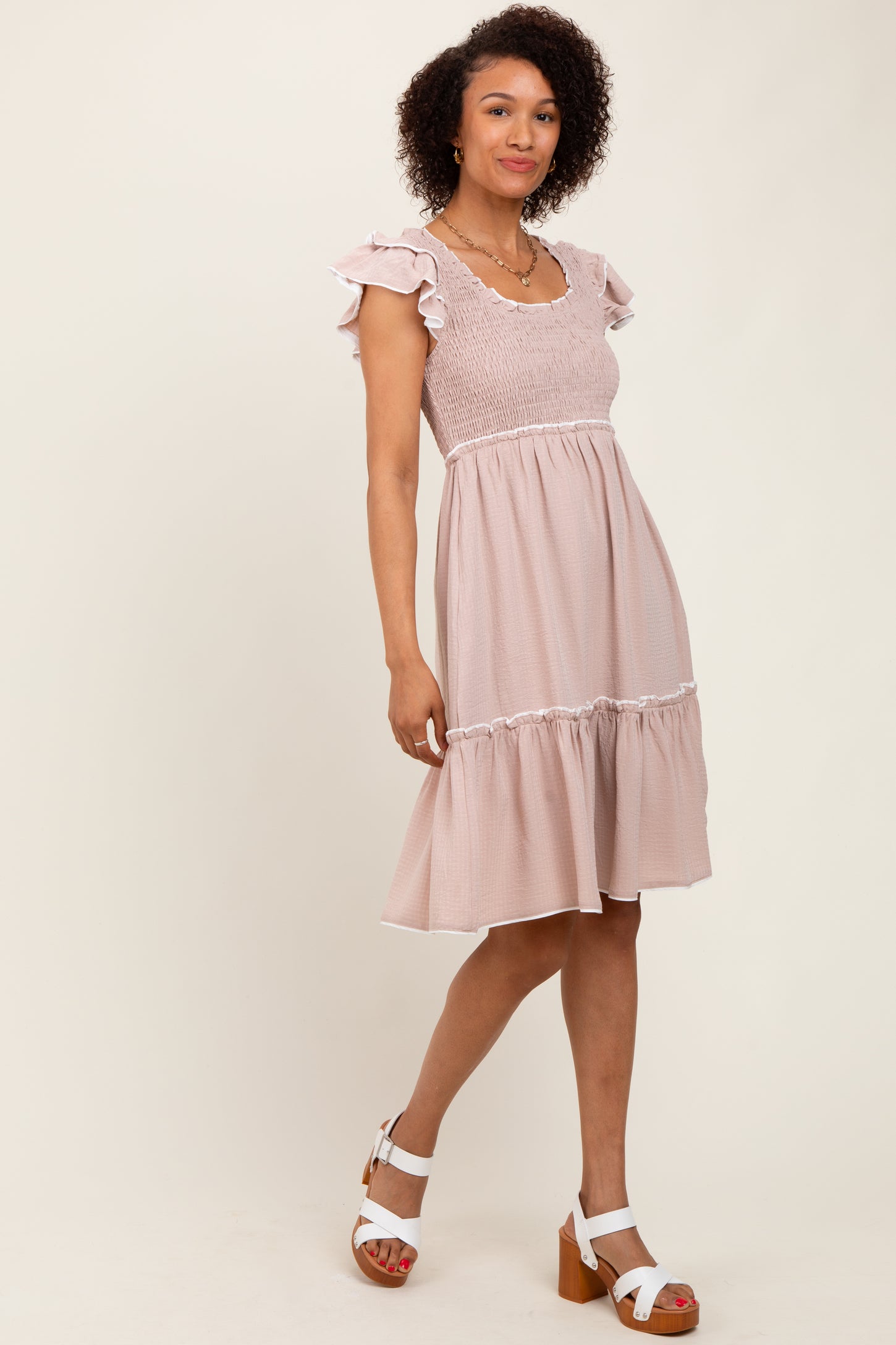 Taupe Solid Ruffle Trim Smocked Dress