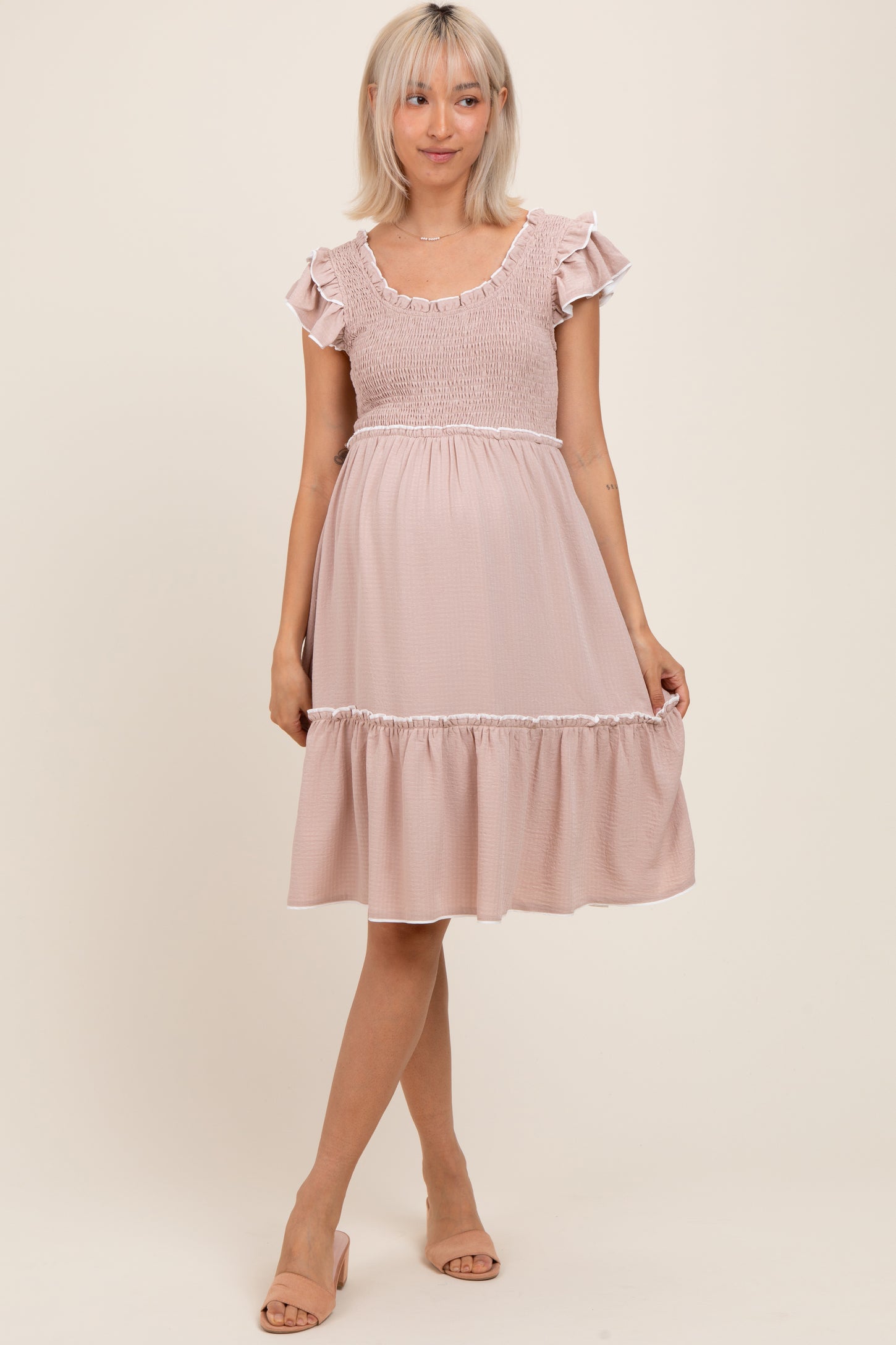 Taupe Solid Ruffle Trim Smocked Maternity Dress