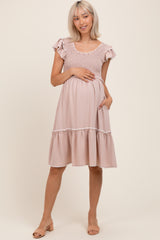 Taupe Solid Ruffle Trim Smocked Maternity Dress