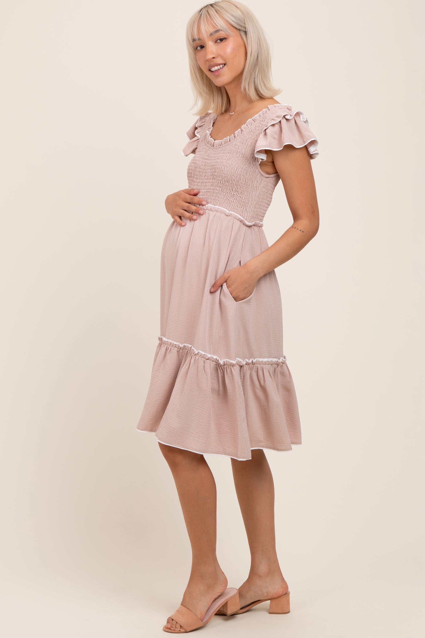 Taupe Solid Ruffle Trim Smocked Maternity Dress