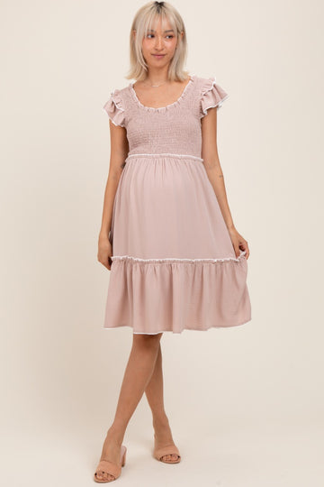 Taupe Solid Ruffle Trim Smocked Maternity Dress