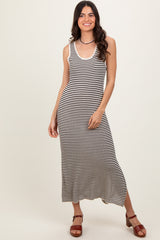 Black Striped Sleeveless Side Slit Midi Dress